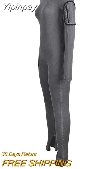 Yipinpay 2023 Sexy Cutout Zipper Jumpsuit Y2k Jeans Pocket Zipper Grey Slim Cloth Fall Street Fashion One Shoulder Jumpsuit Women